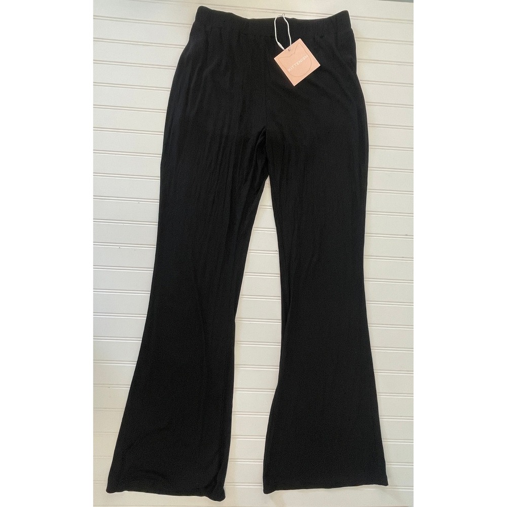NWT Kittenish Black Micro Ribbed Flare Pants Elastic Waist Lounge XL Womens New